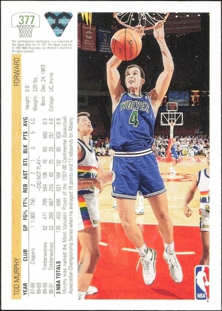 1991-92 Upper Deck Tod Murphy #377 basketball trading card back