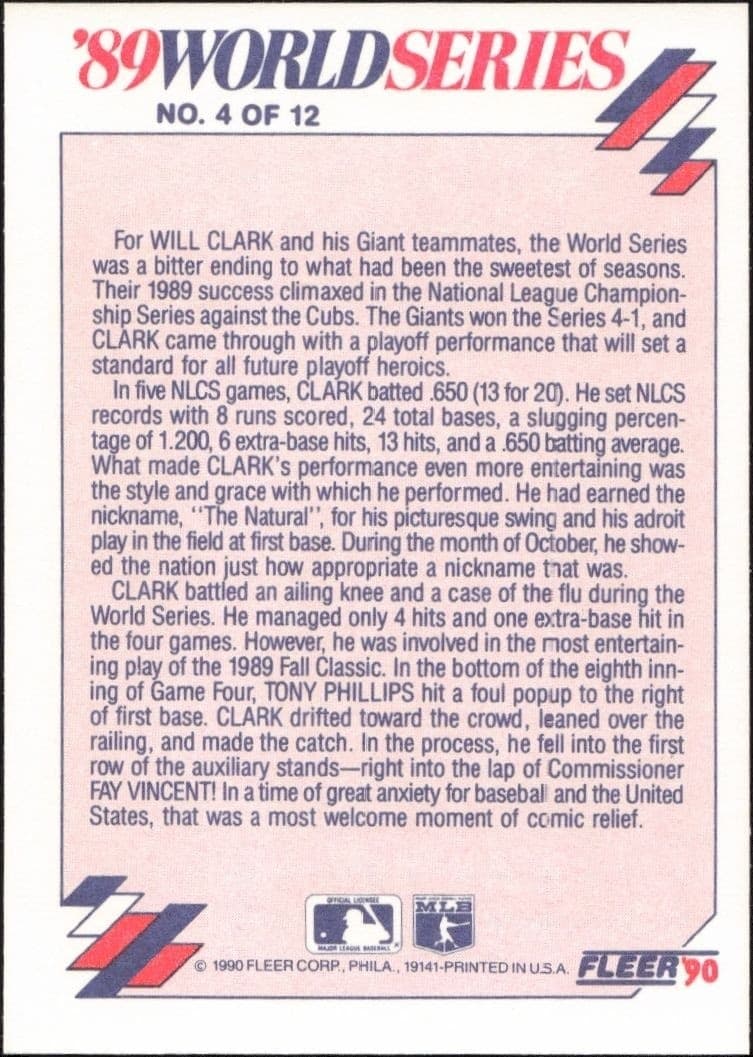 1990 Fleer Clark Powers The Giants Into The Series #4 baseball trading card back