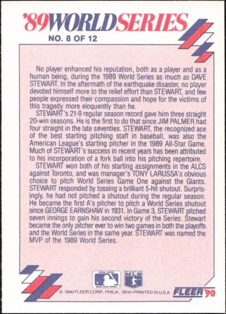 1990 Fleer Dave Stewart - Oakland's M.V.P. #8 baseball trading card back