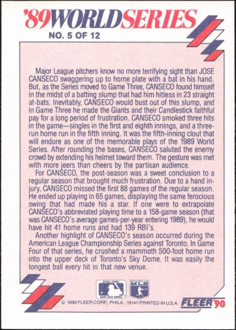 1990 Fleer Canseco Crushed World Series Slump #5 baseball trading card back