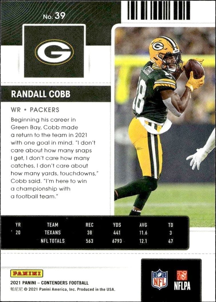 2021 Panini Contenders Randall Cobb #39 baseball trading card back