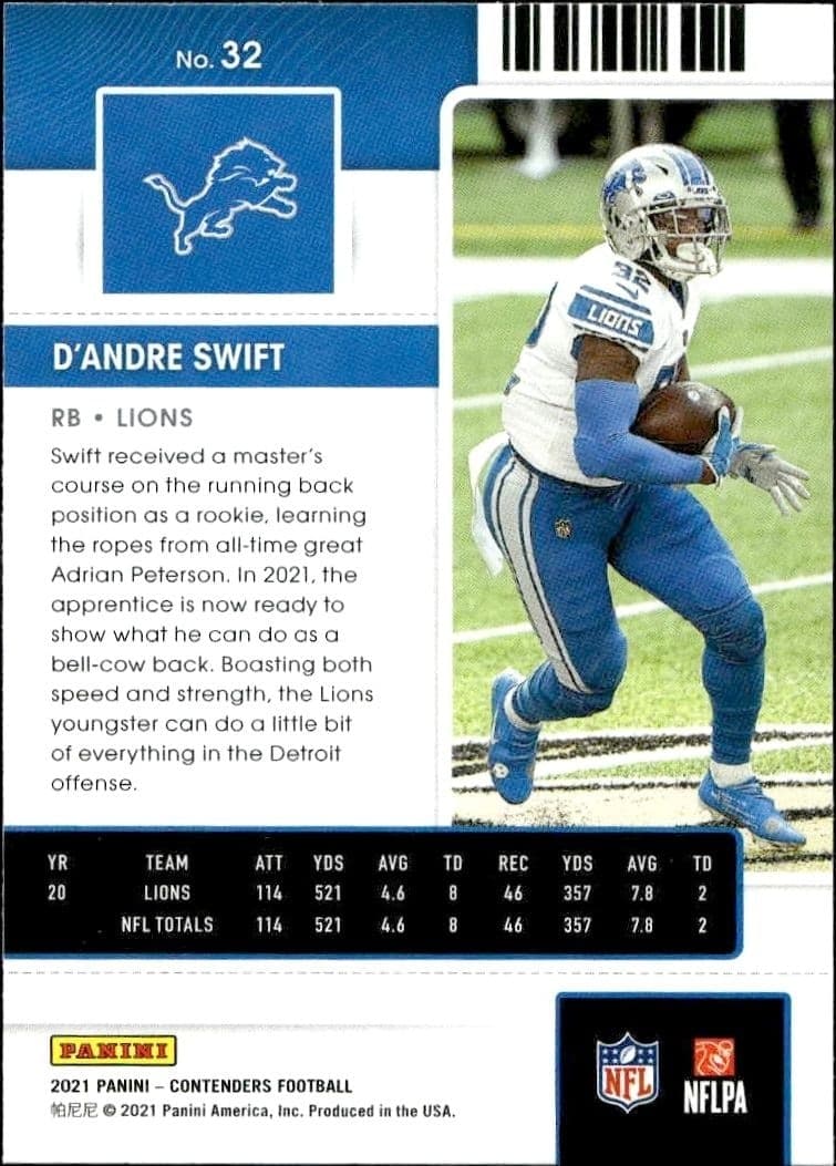 2021 Panini Contenders D'Andre Swift #32 football trading card back