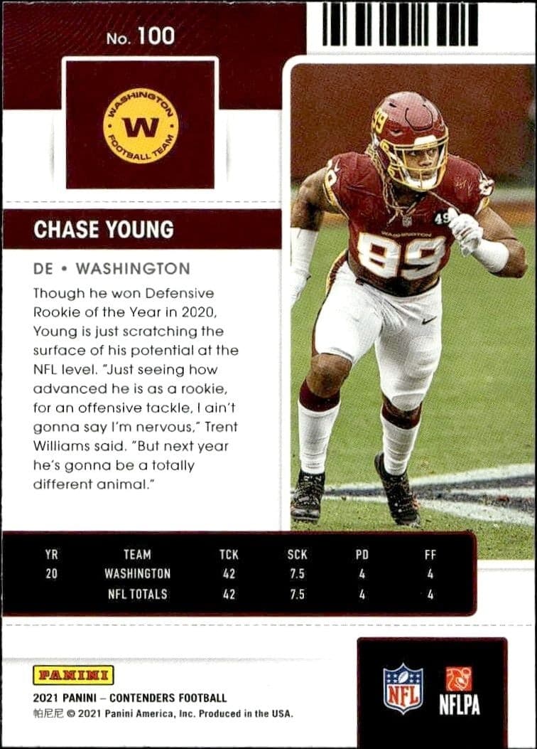2021 Panini Contenders Chase Young #100 football trading card back