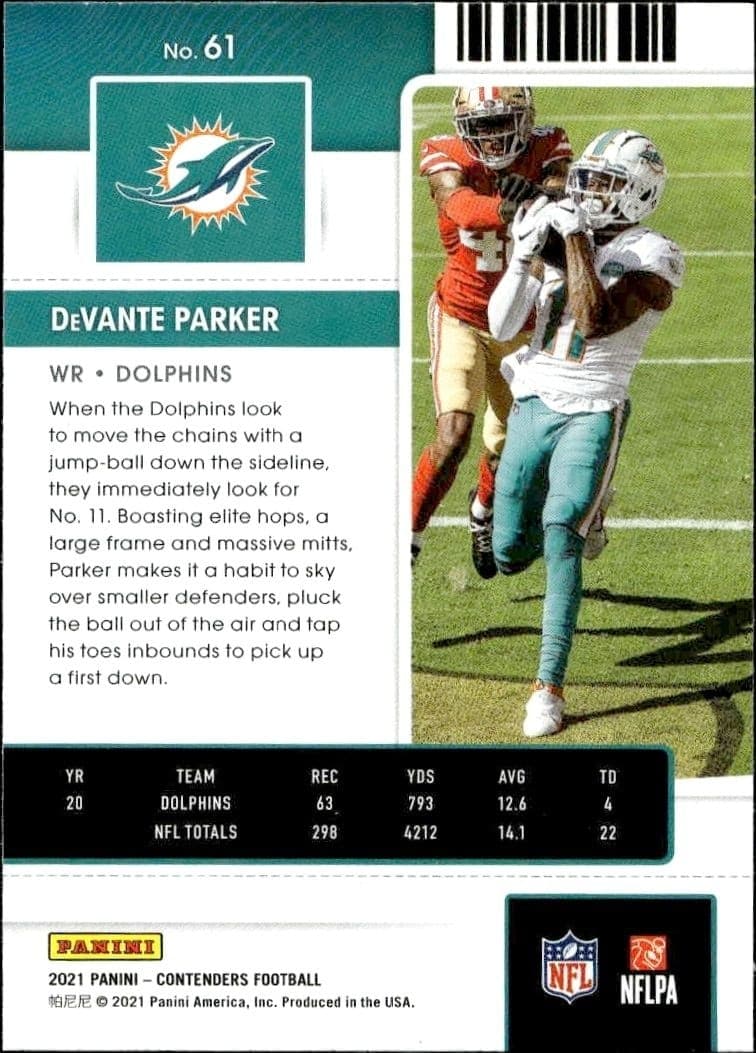 2021 Panini Contenders DeVante Parker #61 football trading card back