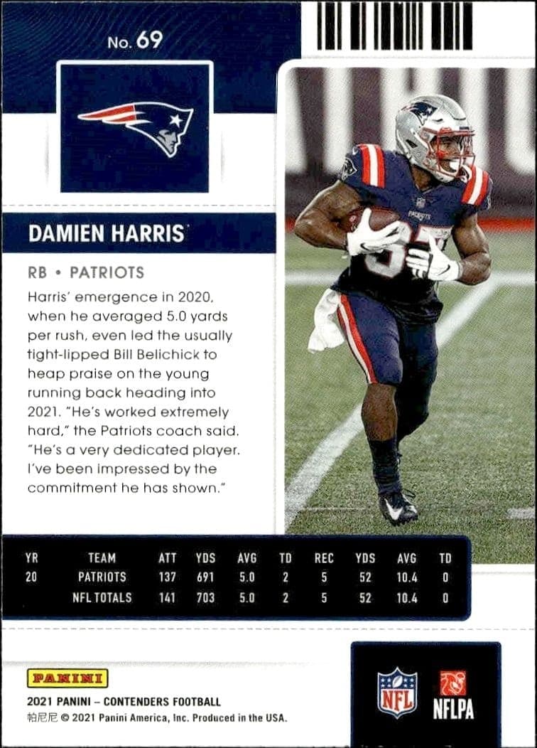 2021 Panini Contenders Damien Harris #69 football trading card back