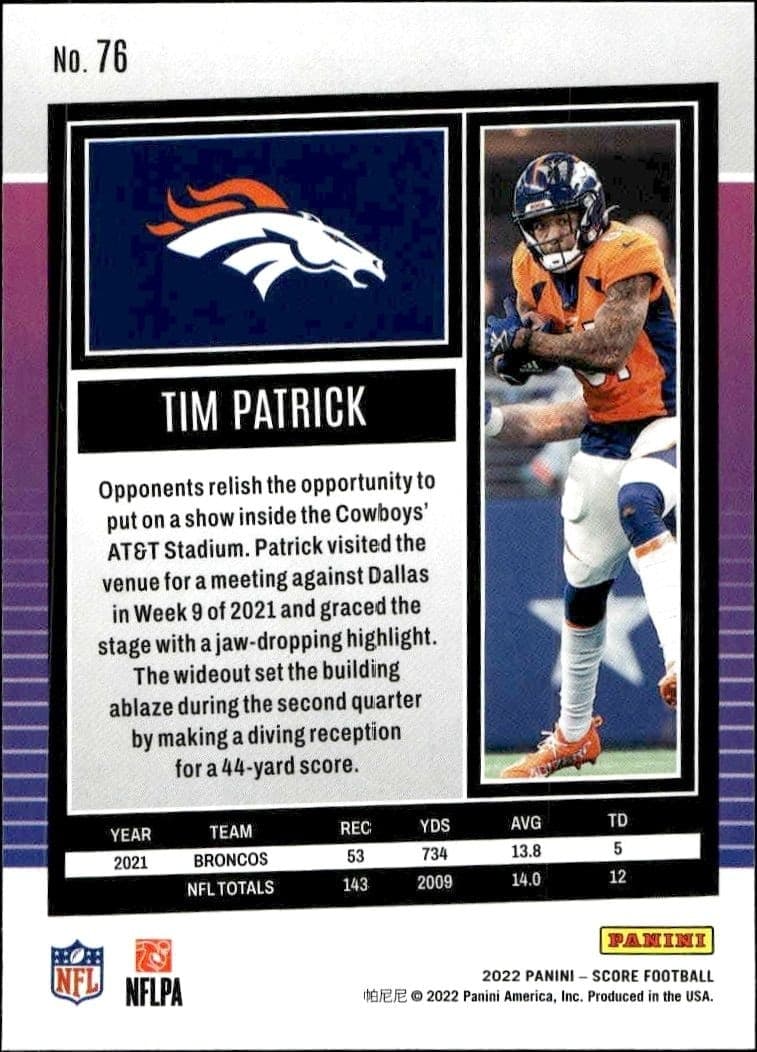 2022 Panini Score Tim Patrick #76 football trading card back