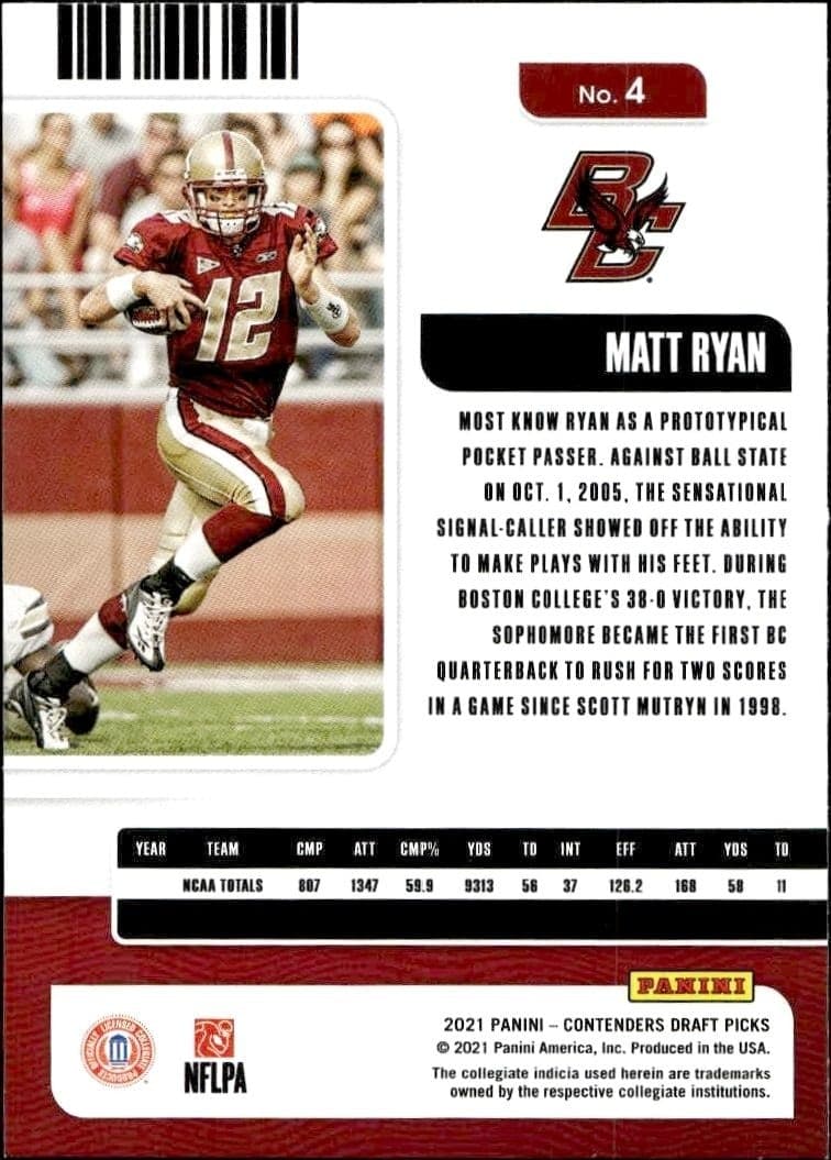 2021 Panini Contenders Draft Picks Matt Ryan #4 football trading card back
