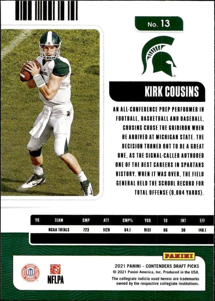 2021 Panini Contenders Draft Picks Kirk Cousins #13 football trading card back