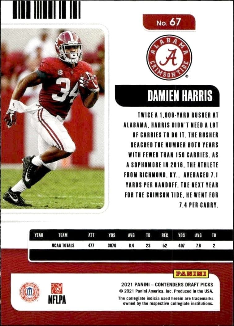 2021 Panini Contenders Draft Picks Damien Harris #67 football trading card back
