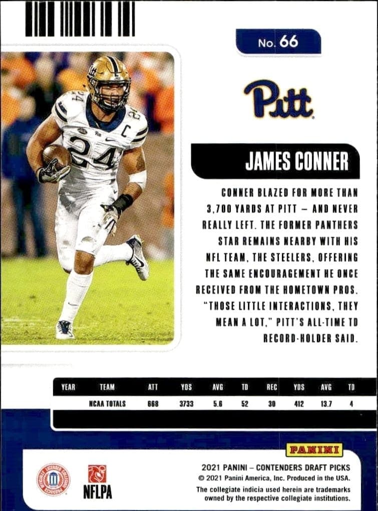 2021 Panini Contenders Draft Picks James Conner #66 football trading card back