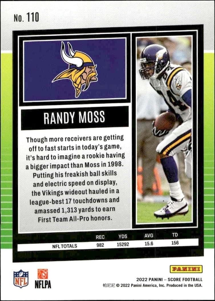 2022 Panini Score Randy Moss #110 football trading card back