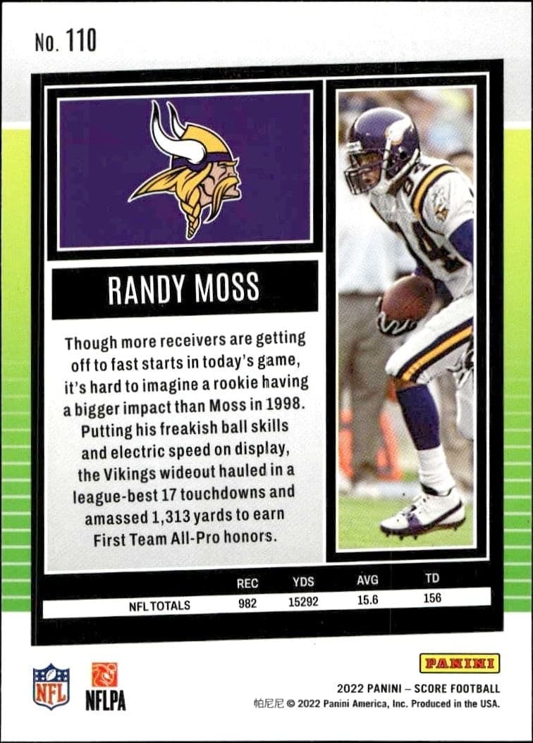 2022 Panini Score Randy Moss #110 football trading card back