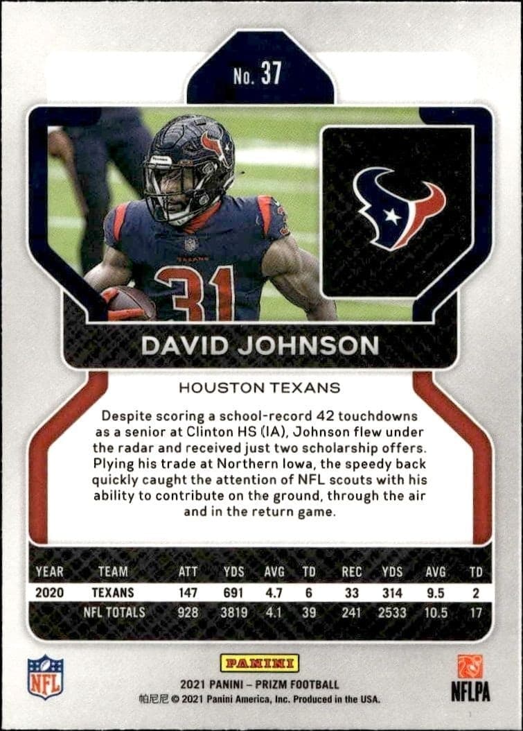 2022 Panini Prizm David Johnson #37 football trading card back