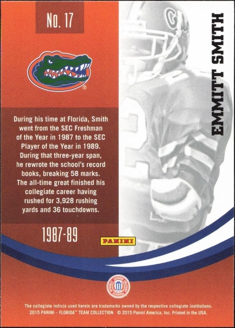 2015 Panini Florida Gators Emmitt Smith #17 football trading card back
