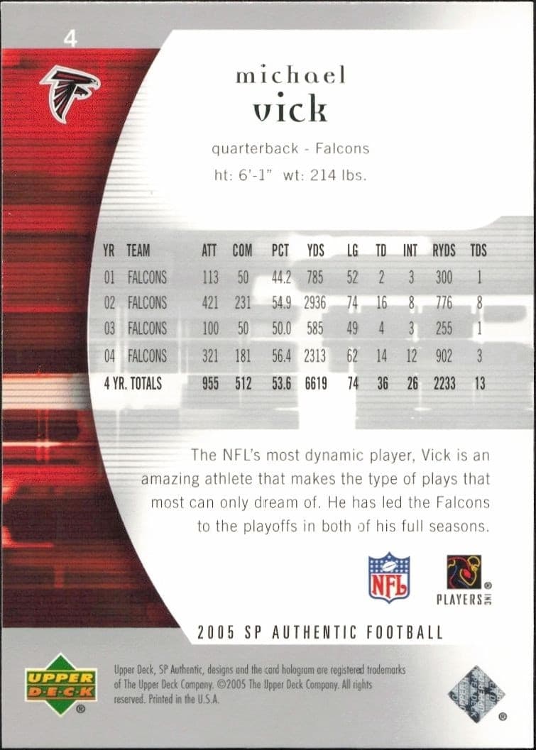 2005 Upper Deck SP Authentic Michael Vick #4 football trading card back