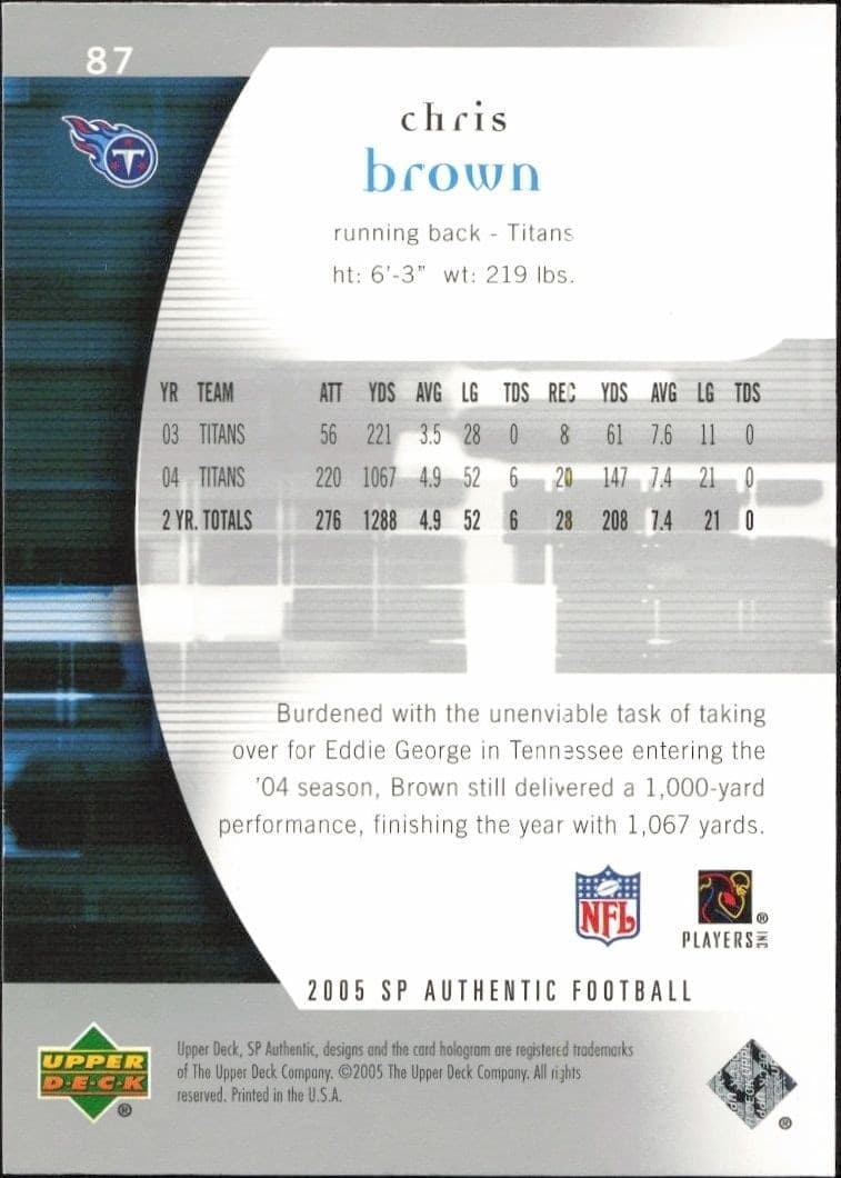 2005 Upper Deck SP Authentic Chris Brown #87 football trading card back