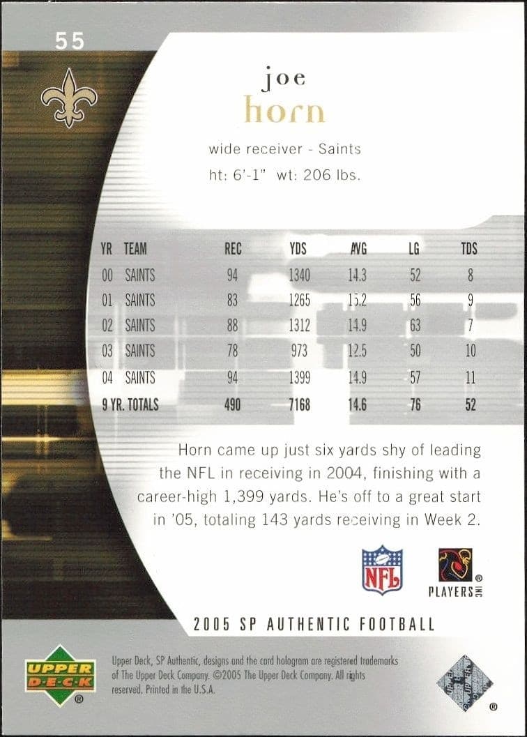 2005 Upper Deck SP Authentic Joe Horn #55 football trading card back