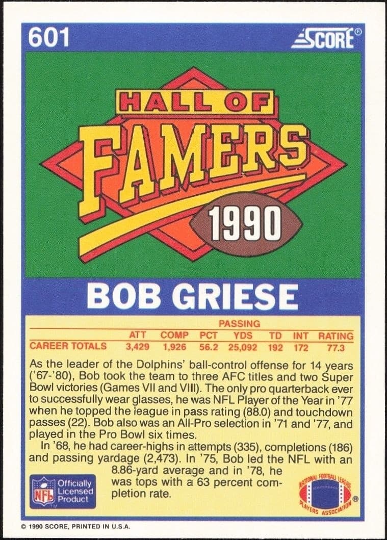 1990 Score Bob Griese #601 football trading card back