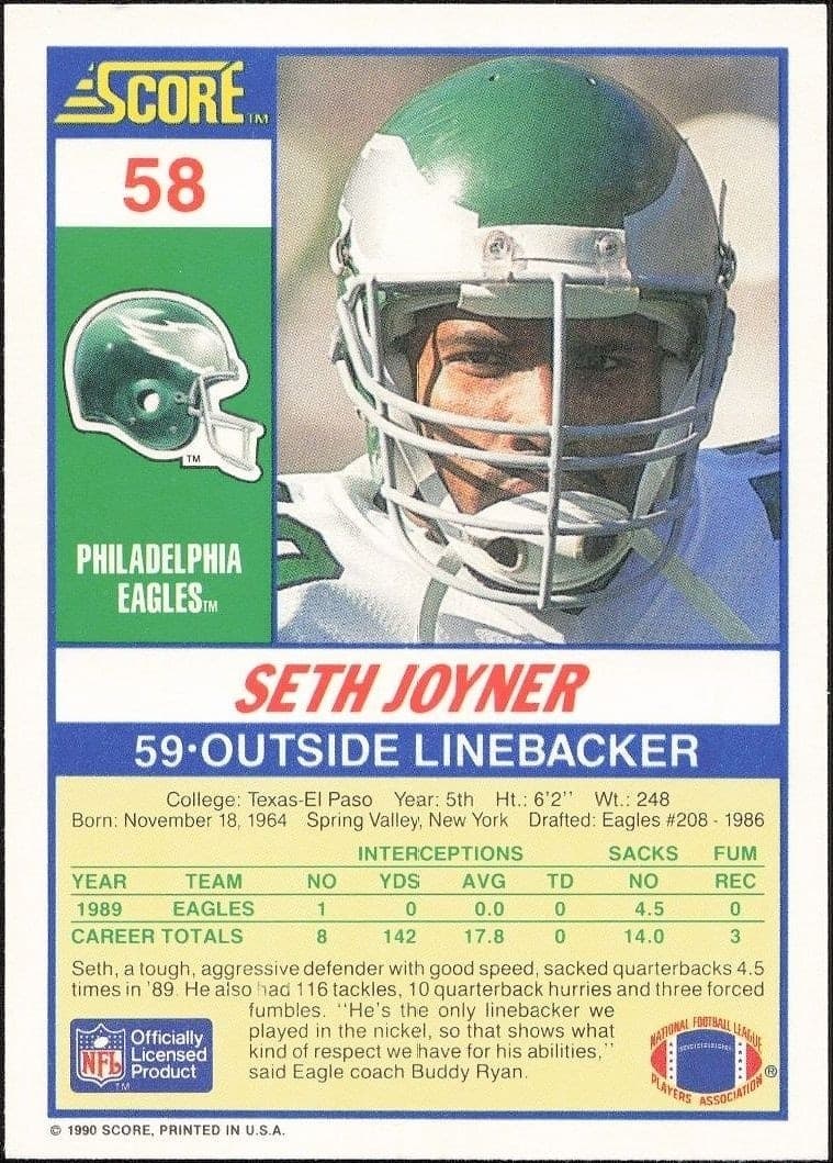 1990 Score Seth Joyner #58 football trading card back