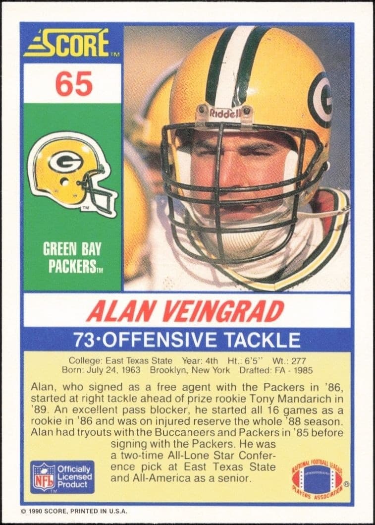 1990 Score Alan Veingrad #65 football trading card back