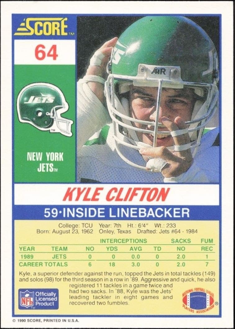 1990 Score Kyle Clifton #64 football trading card back