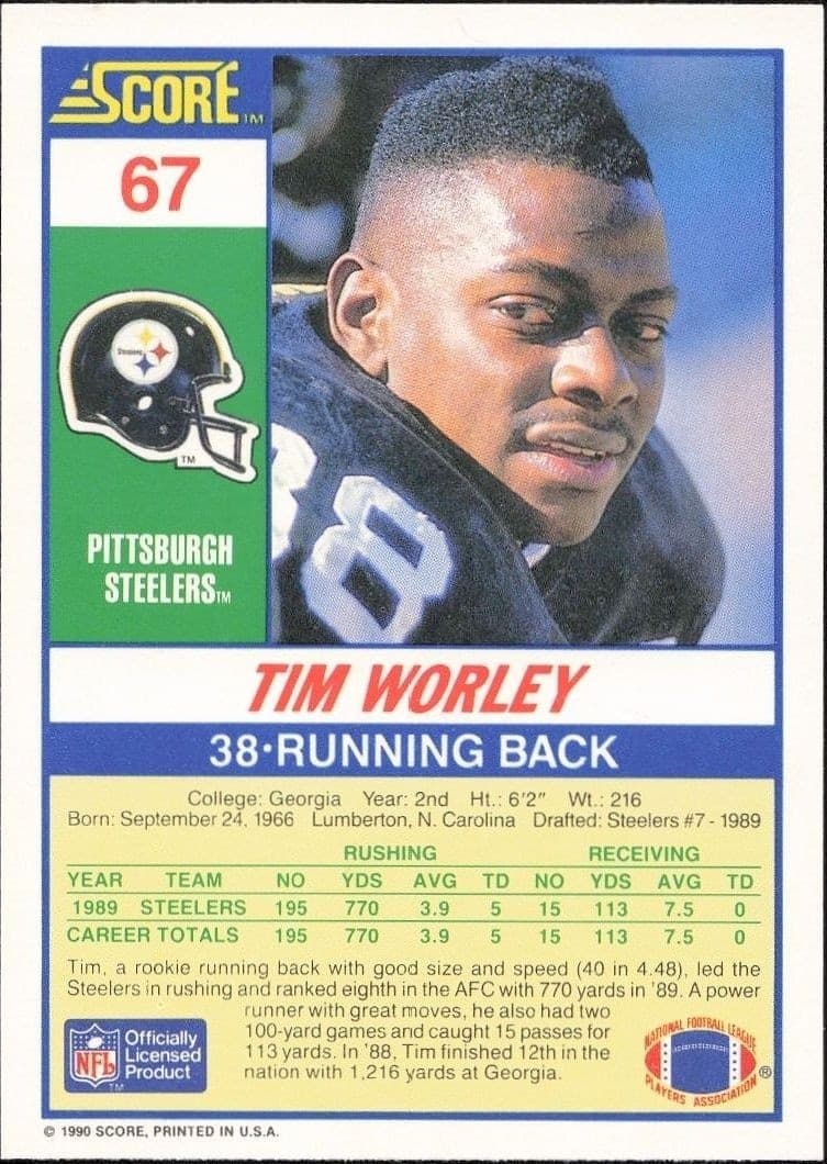 1990 Score Tim Worley #67 football trading card back