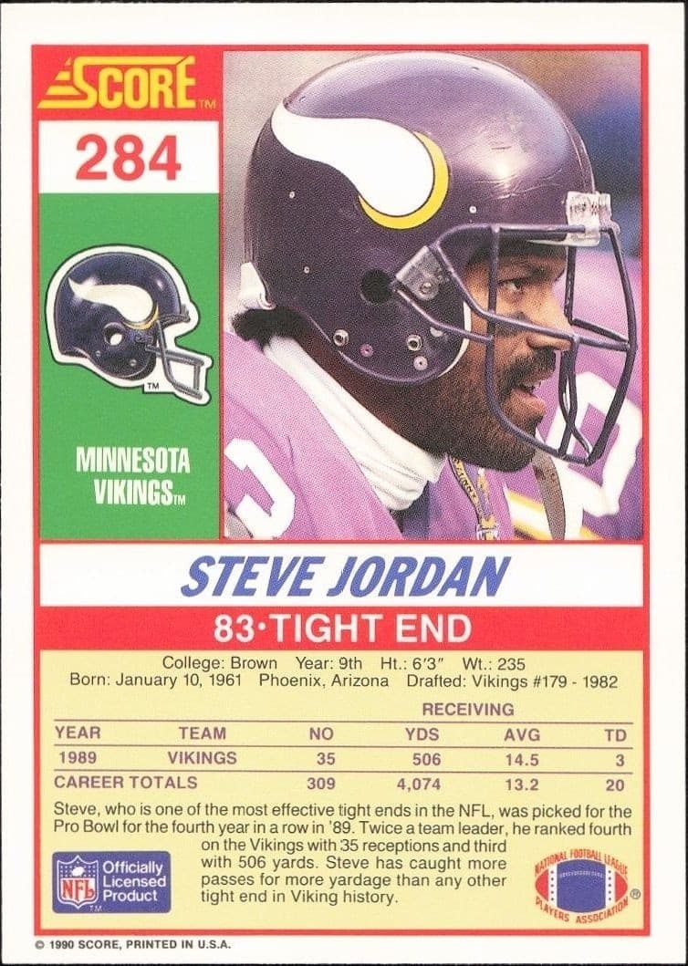 1990 Score Steve Jordan #284 football trading card back