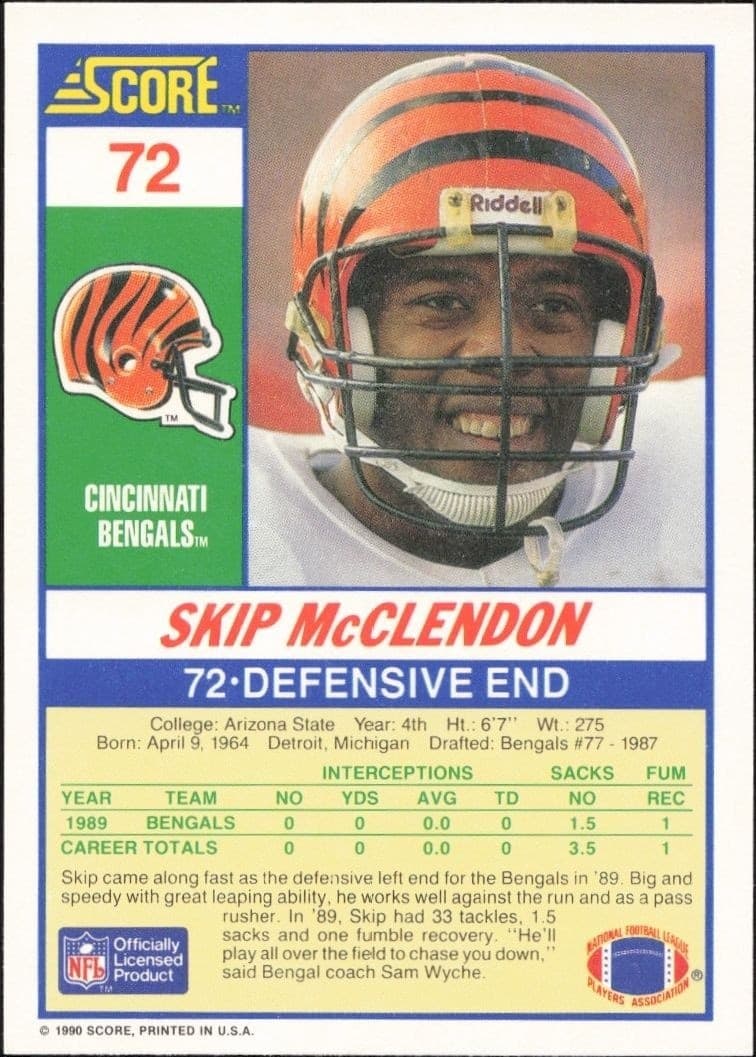 1990 Score Skip McClendon #72 football trading card back