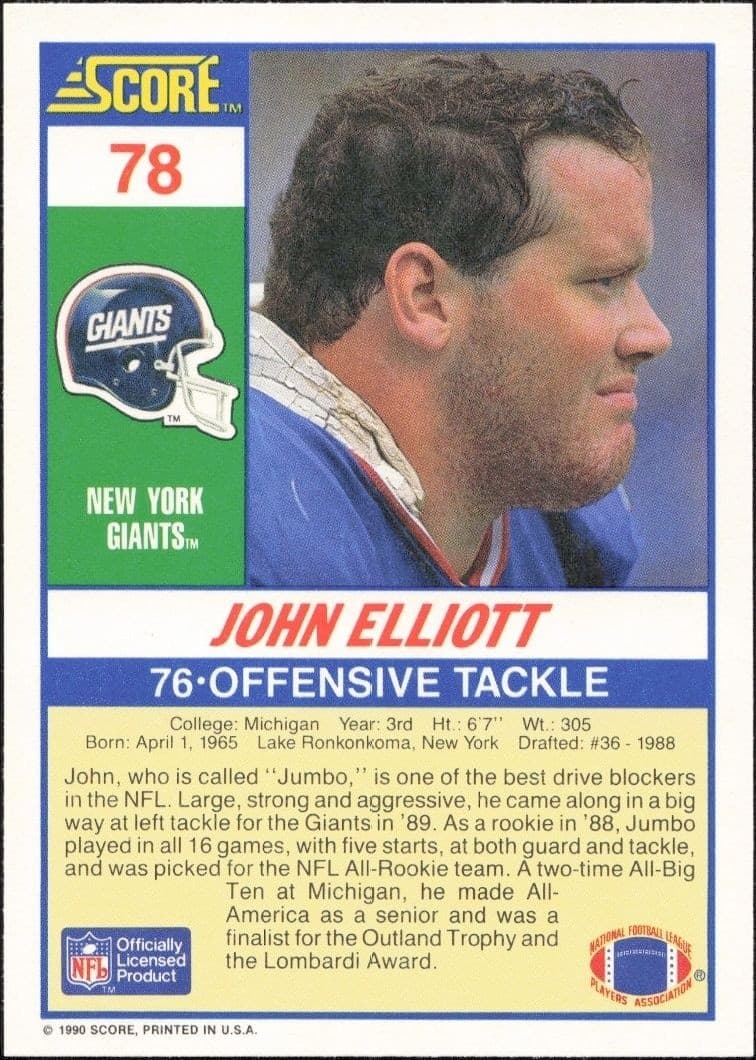 1990 Score John Elliott #78 football trading card back