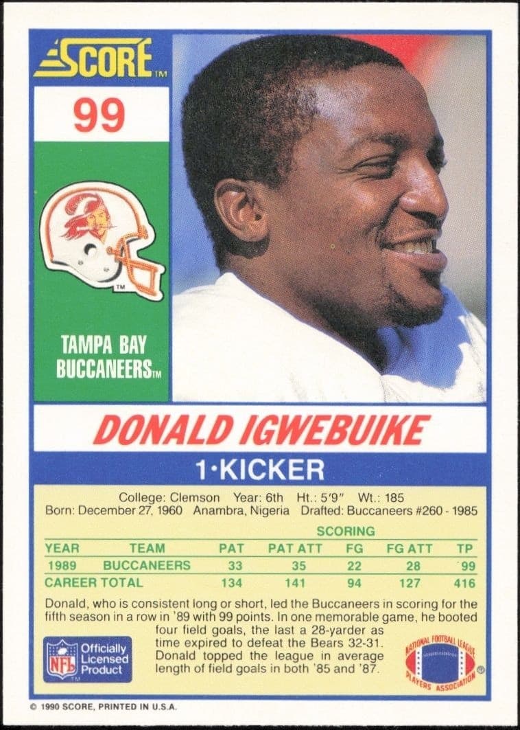 1990 Score Donald Igwebuike #99 football trading card back