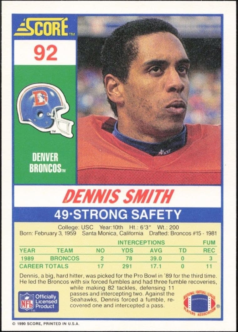 1990 Score Dennis Smith #92 football trading card back
