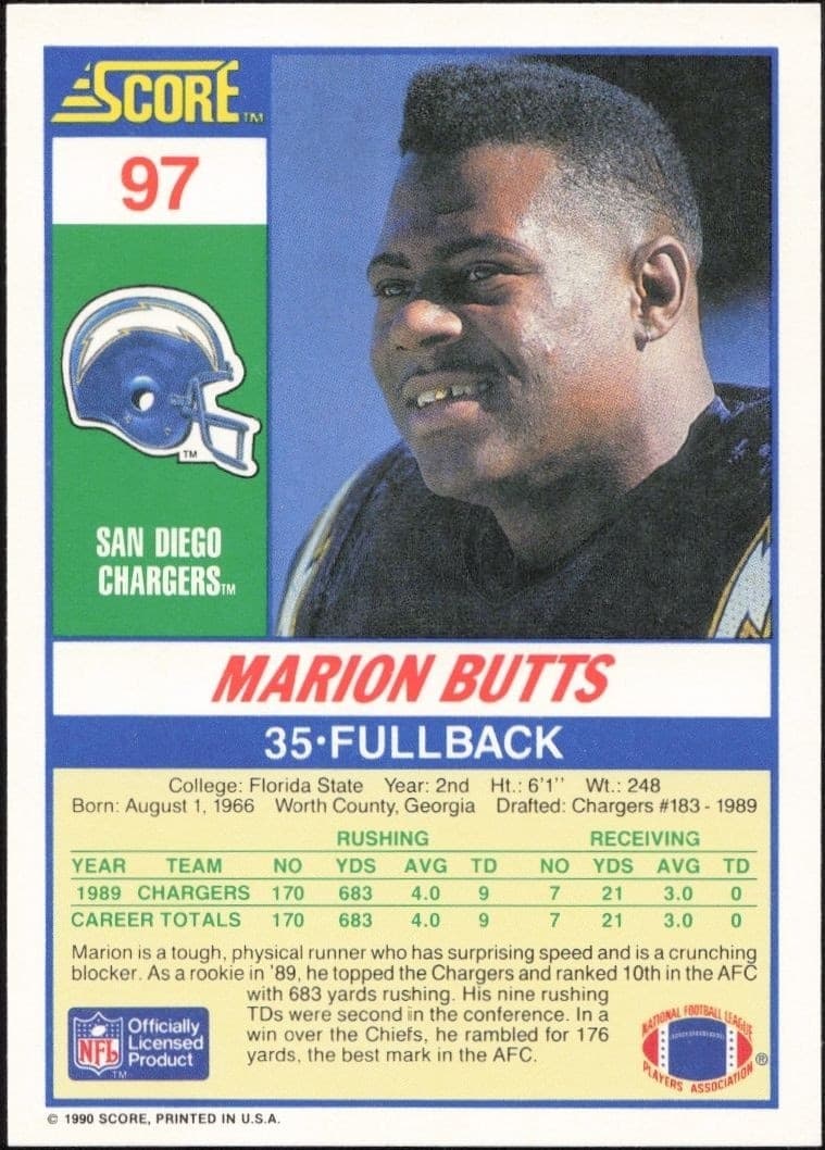 1990 Score Marion Butts #97 football trading card back
