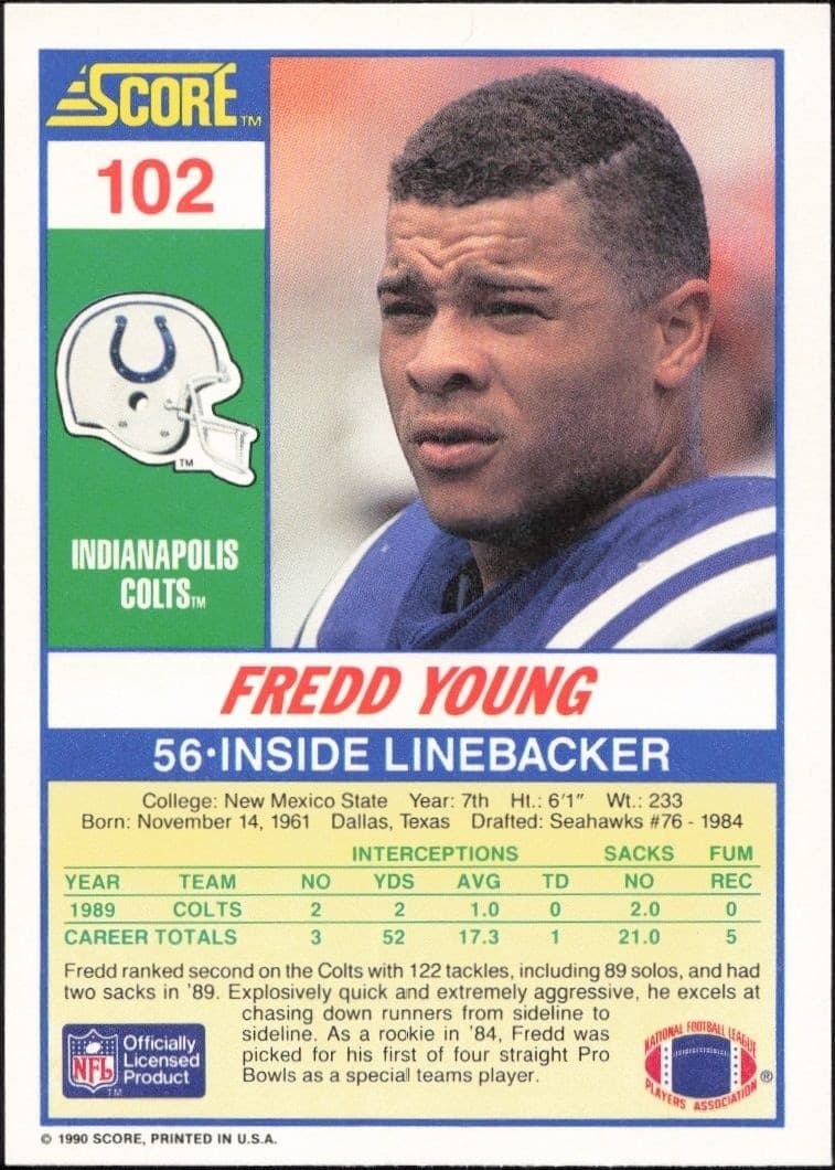 1990 Score Fredd Young #102 football trading card back