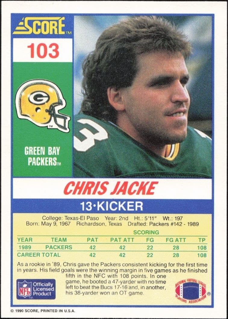 1990 Score Chris Jacke #103 football trading card back