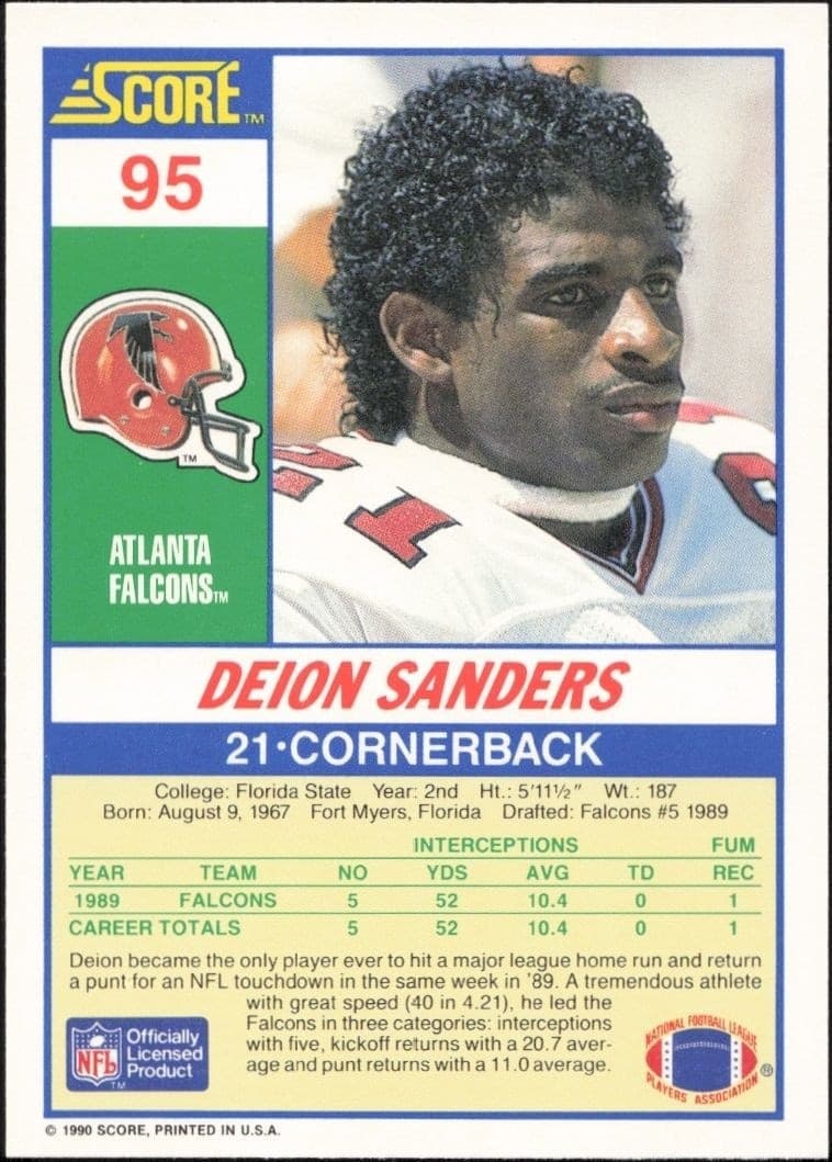 1990 Score Deion Sanders #95 football trading card back