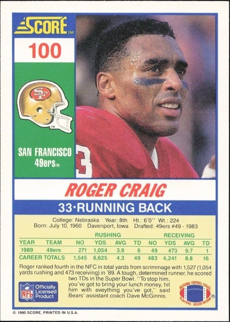 1990 Score Roger Craig #100 football trading card back
