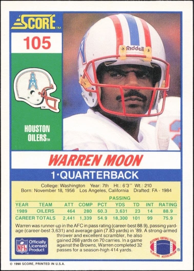 1990 Score Warren Moon #105 football trading card back