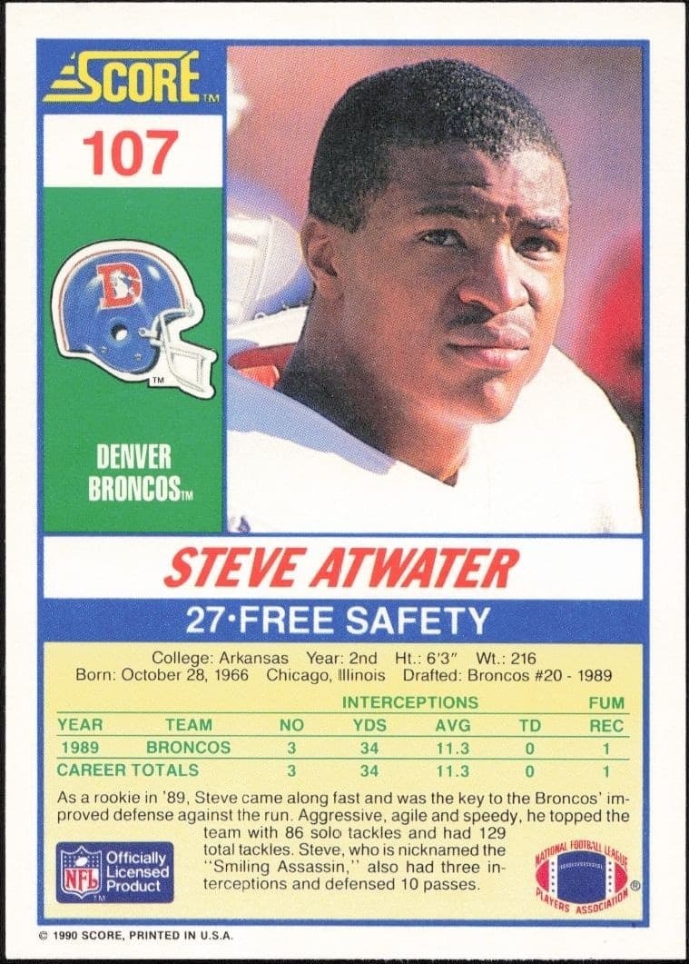 1990 Score Steve Atwater #107 football trading card back