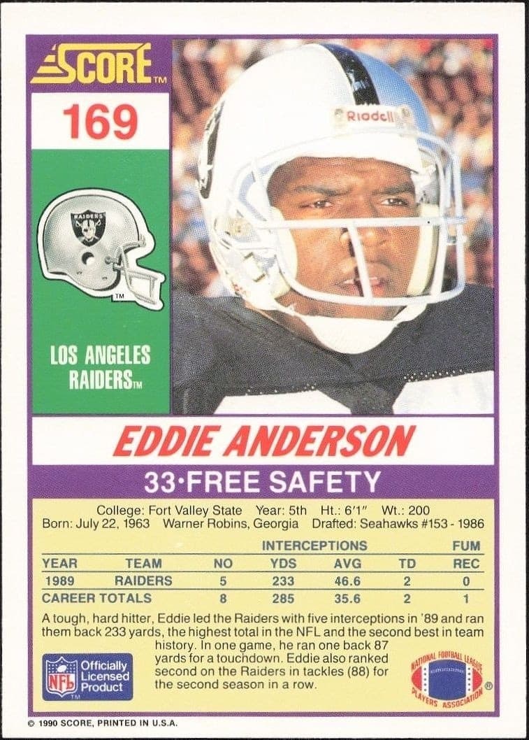1990 Score Eddie Anderson #169 football trading card back