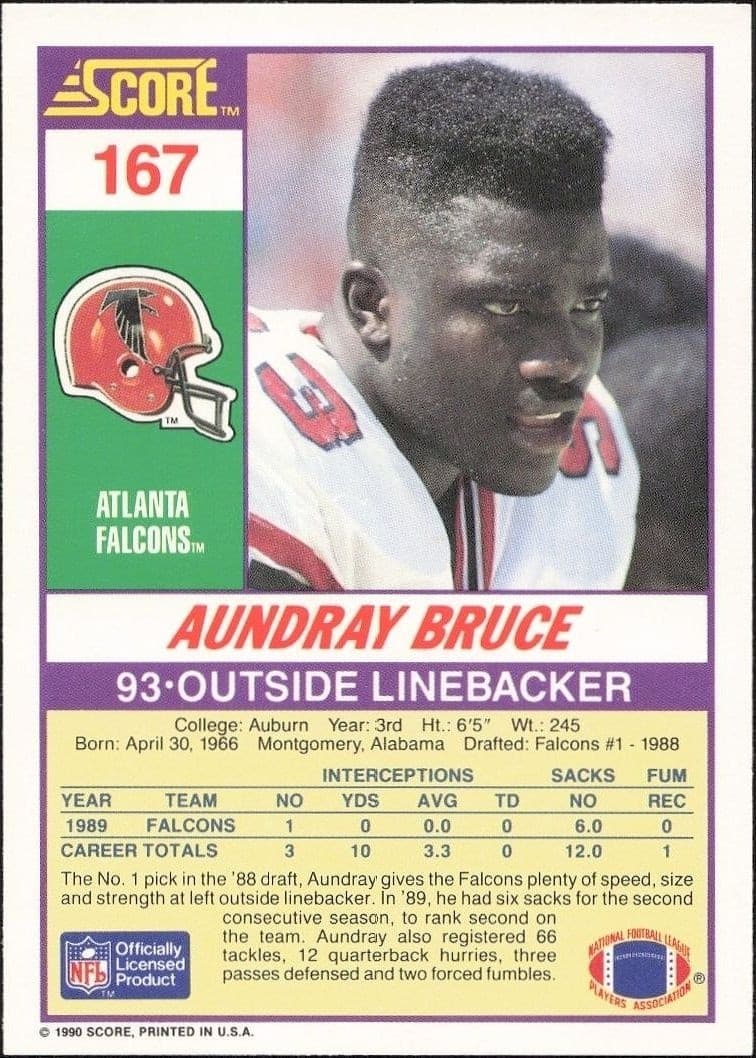 1990 Score Aundray Bruce #167 football trading card back