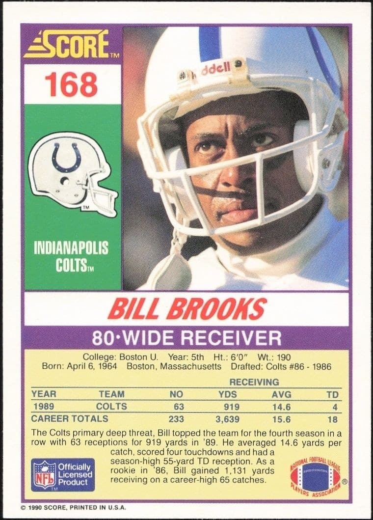 1990 Score Bill Brooks #168 football trading card back