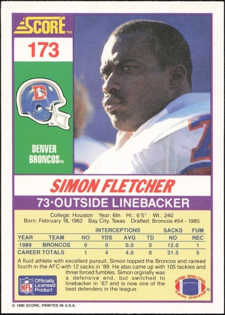 1990 Score Simon Fletcher #173 football trading card back