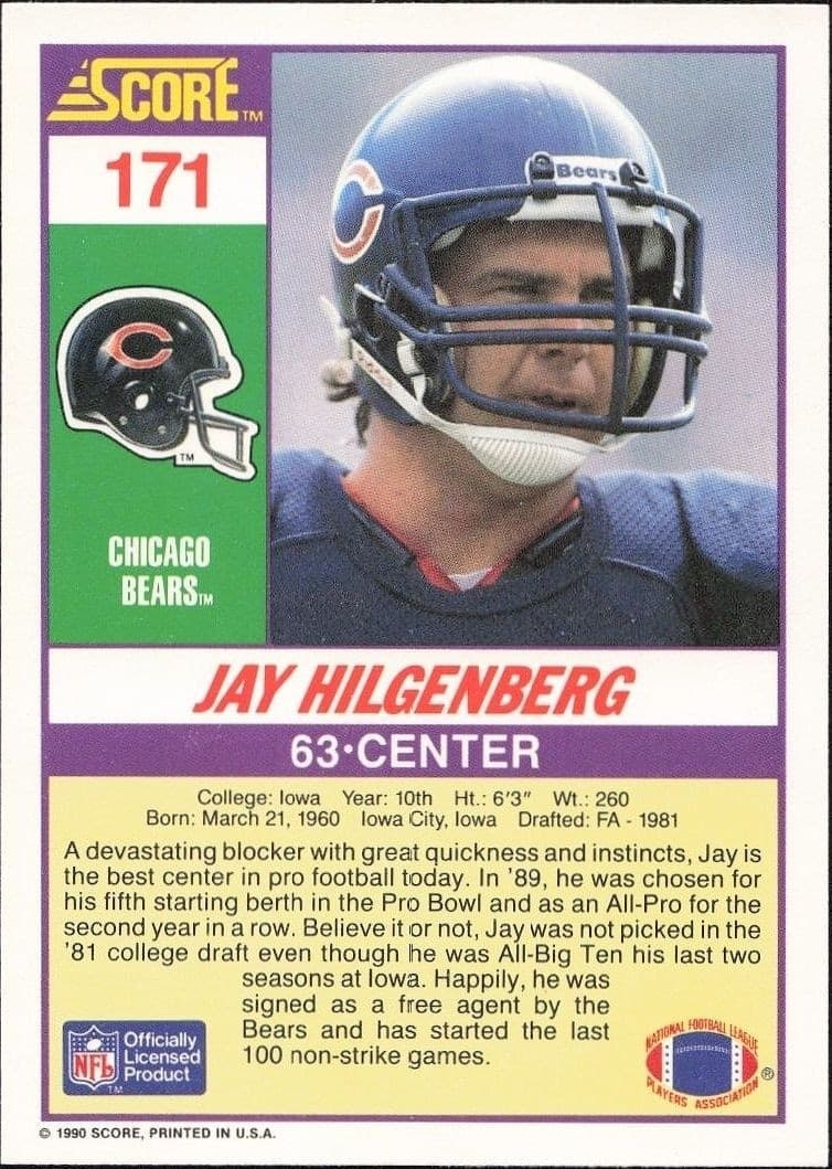 1990 Score Jay Hilgenberg #171 football trading card back