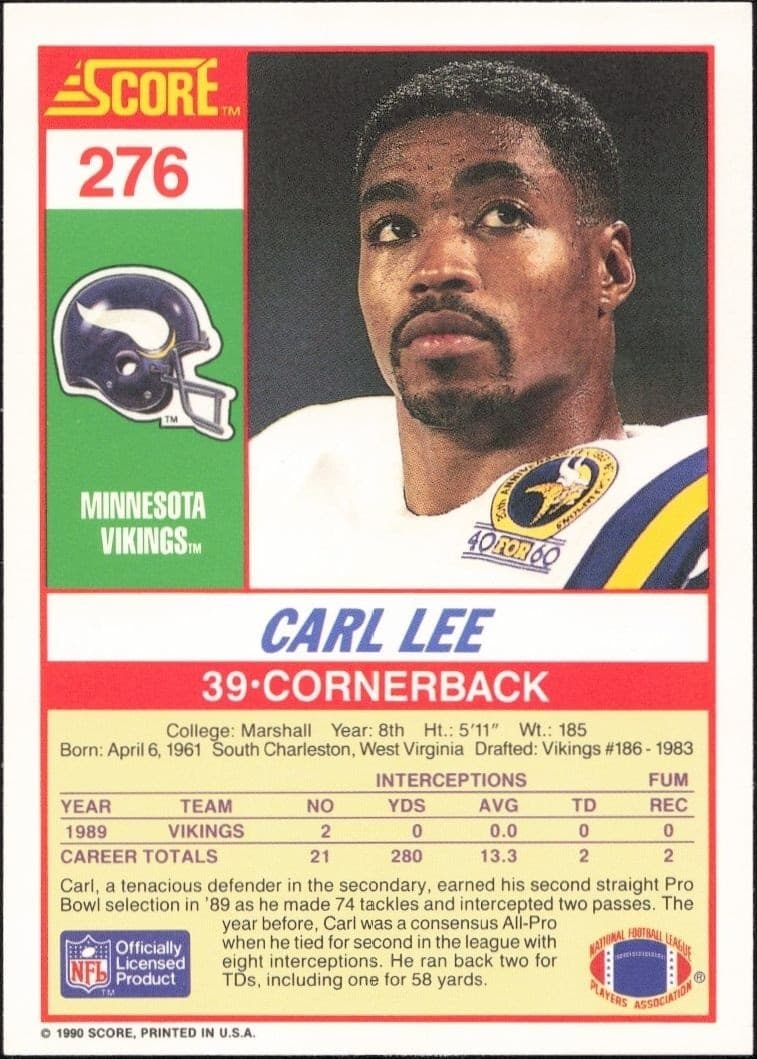 1990 Score Carl Lee #276 football trading card back