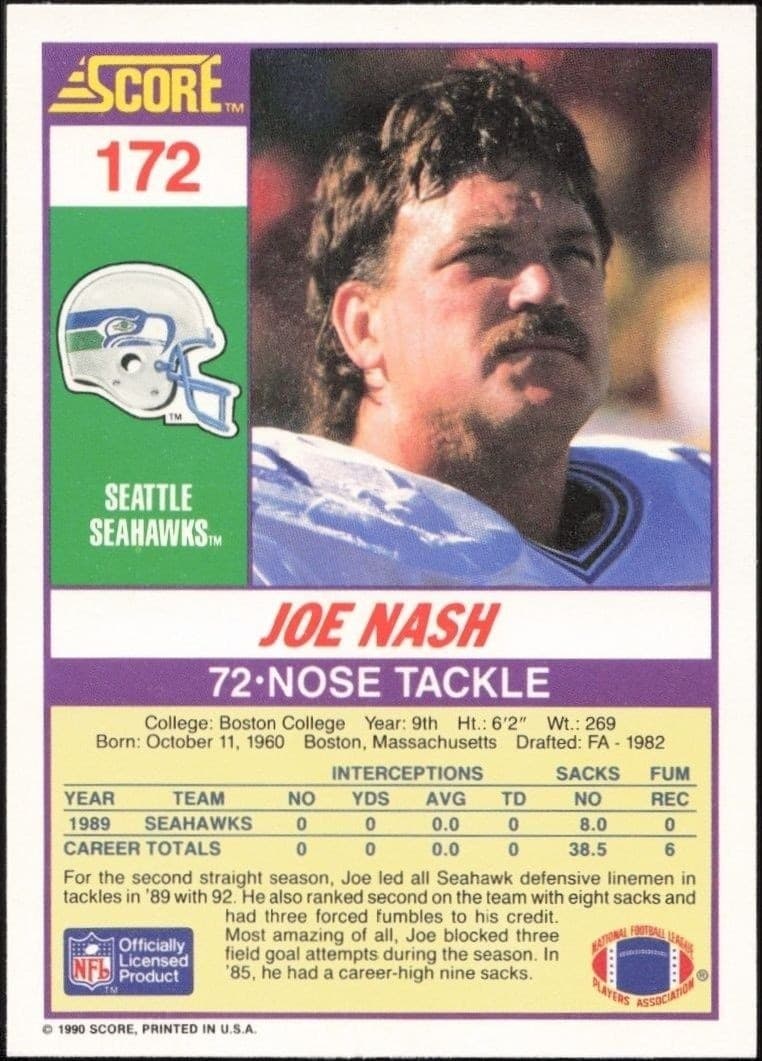 1990 Score Joe Nash #172 football trading card back