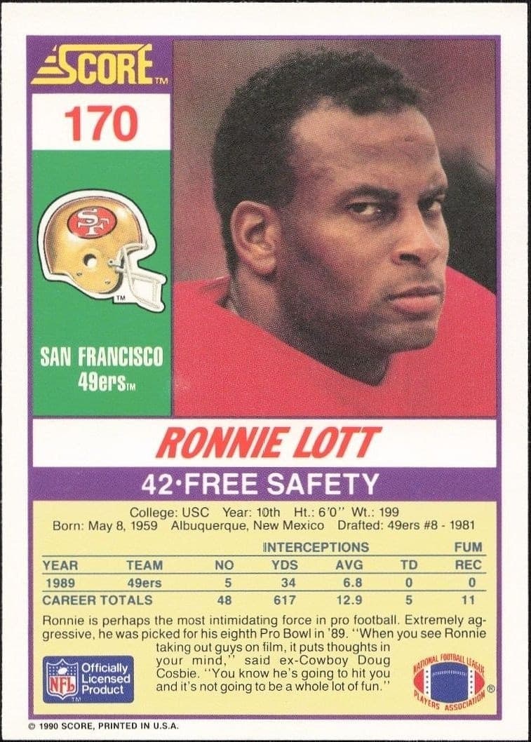 1990 Score Ronnie Lott #170 football trading card back