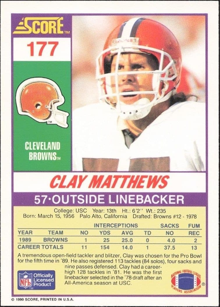 1990 Score Clay Matthews #177 football trading card back