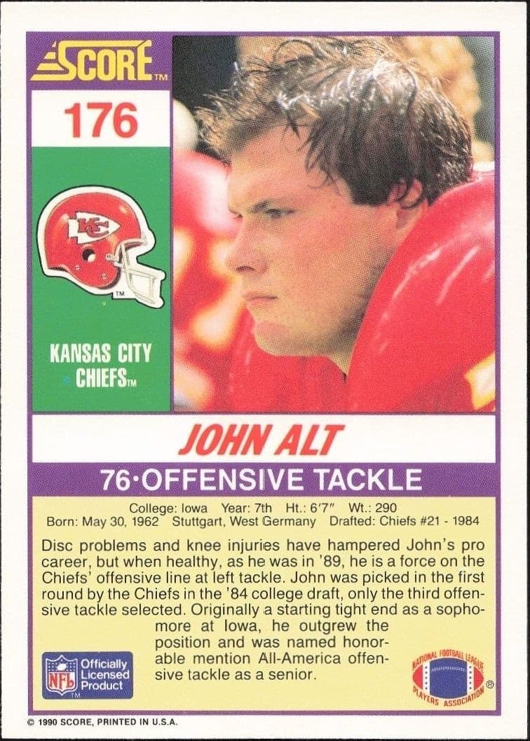 1990 Score John Alt #176 football trading card back