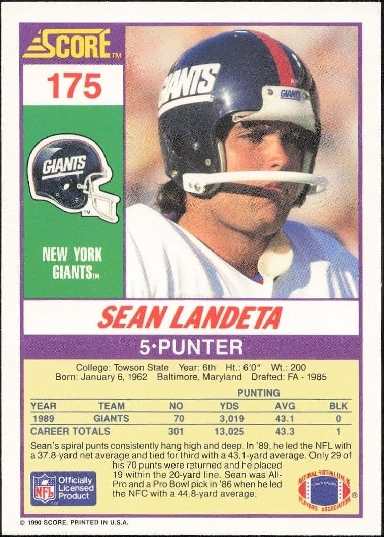 1990 Score Sean Landeta #175 football trading card back