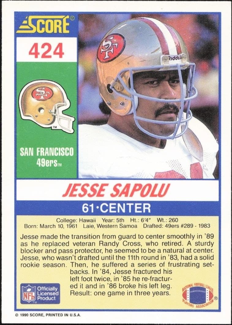 1990 Score Jesse Sapolu #424 football trading card back